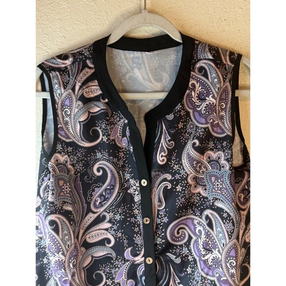 Sleeveless Paisley Button-Down Blouse shirt Large polyester V-neck READ - Picture 2 of 8